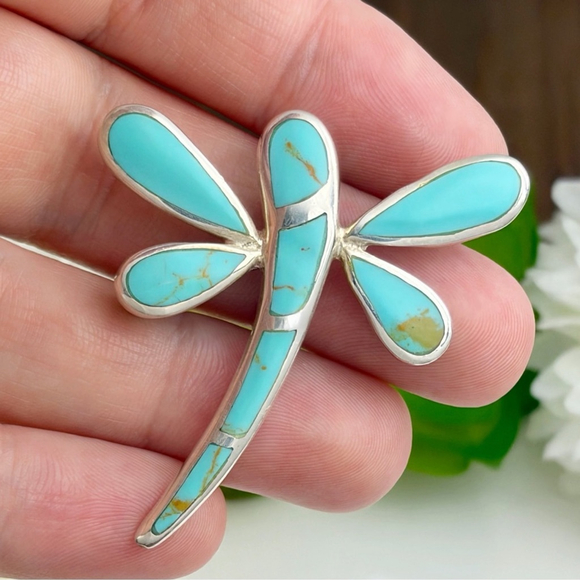 Estate Jewelry - Dragonfly Butterfly Vintage Pendant Brooch Sterling Silver 925 Turquoise Inlay